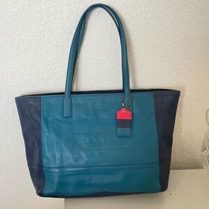 Coach Blue Colorblock Leather Large Tote Bag
